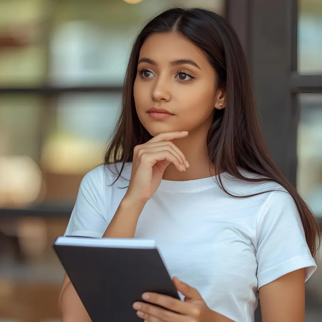 Girl holding a notebook and thinking