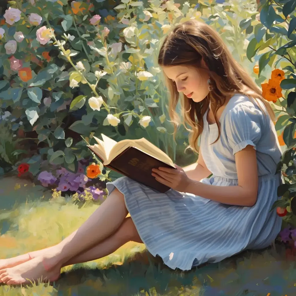 Girl reading a book in a garden