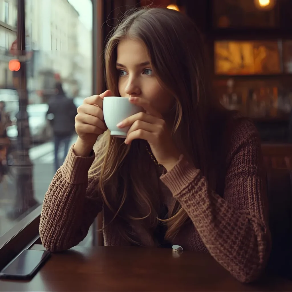 Girl sipping coffee at a cafe