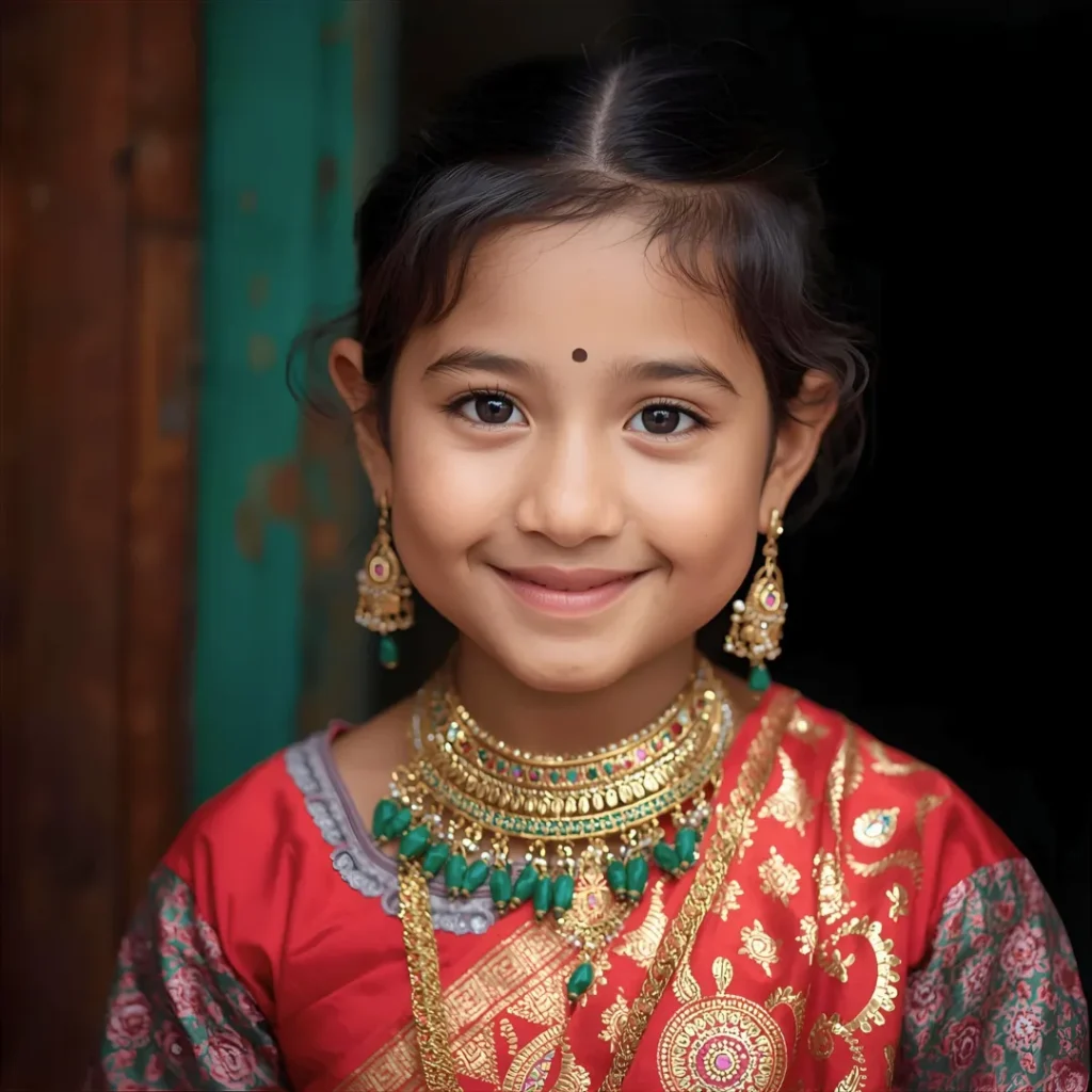Girl wearing traditional jewelry and smiling