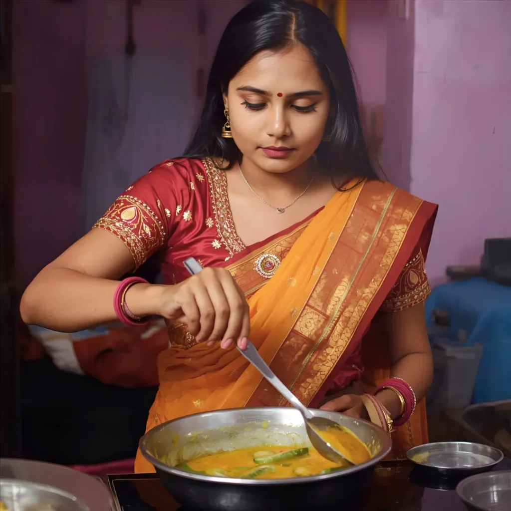 Girl cooking traditional food at home