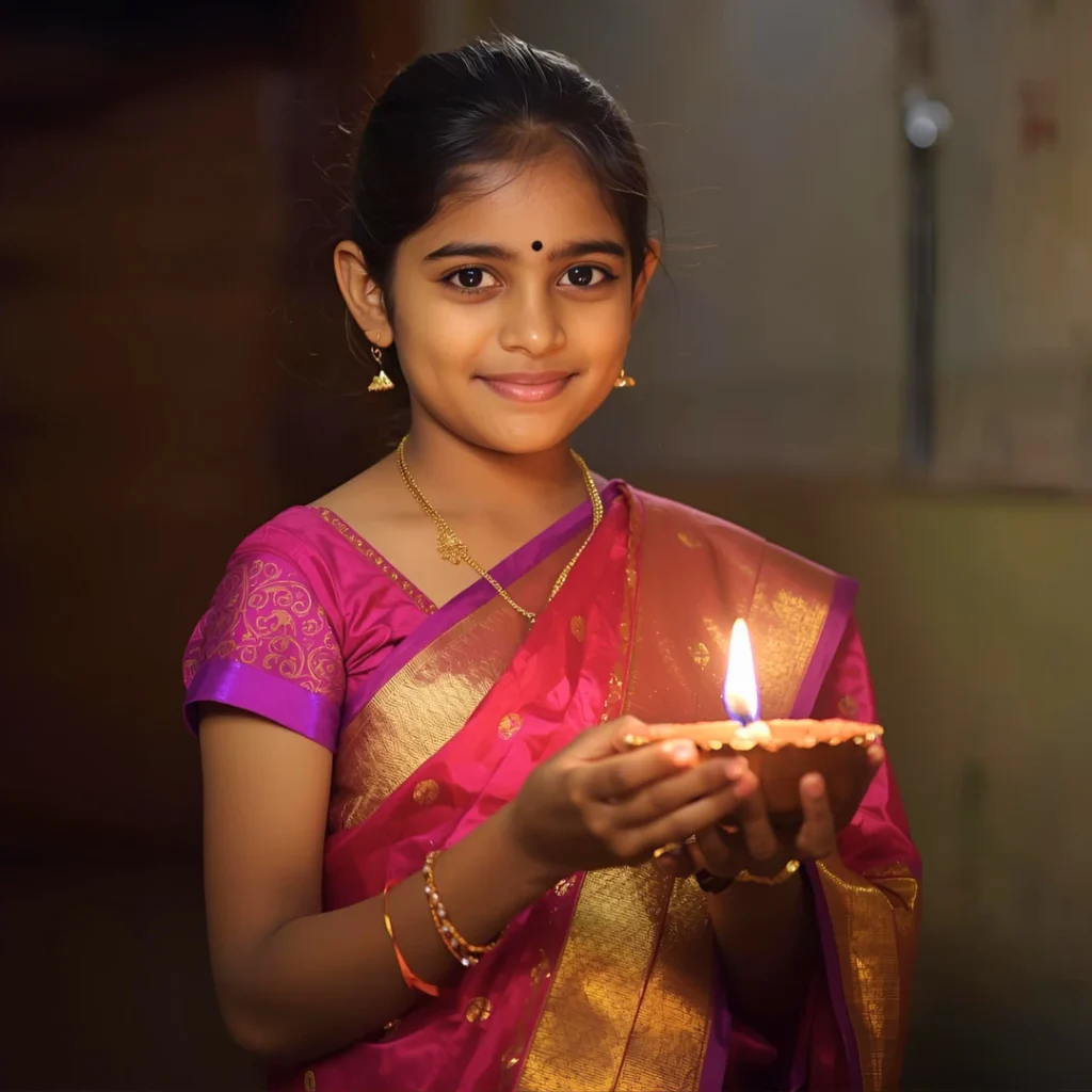 Indian girl in saree holding a diya during Diwali