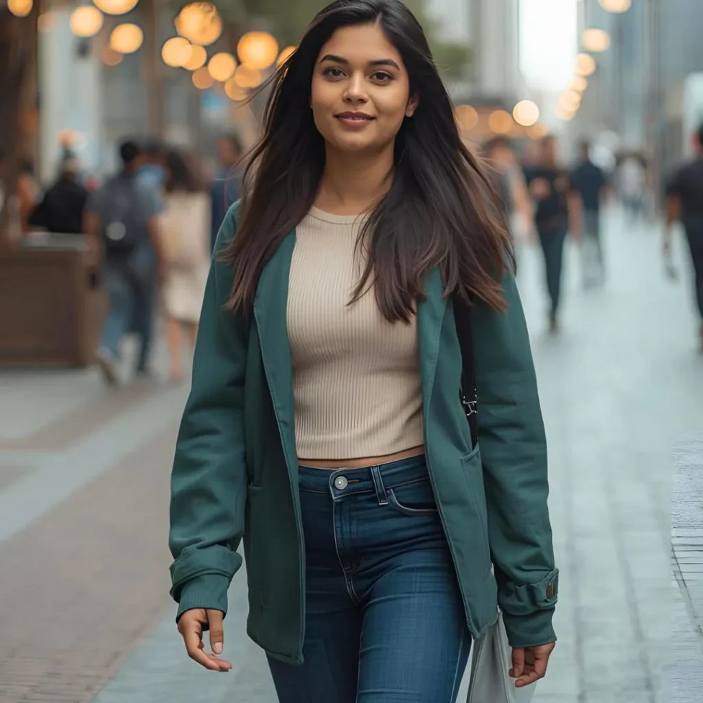 Modern Indian girl walking in city in casual clothes